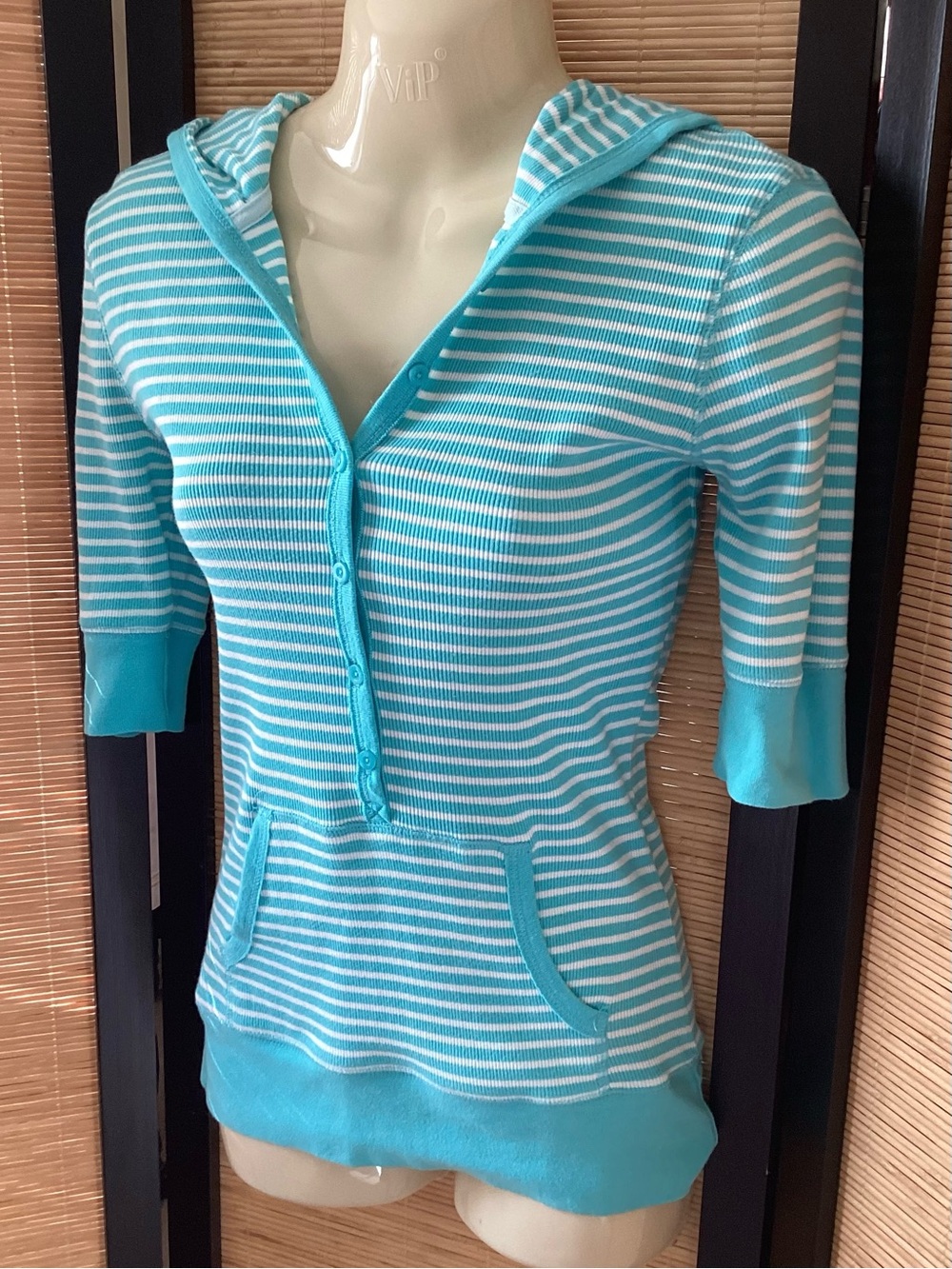 Vintage Y2K striped Henley top with hood and pocket Sz S short sleeve aqua white - Picture 3 of 9